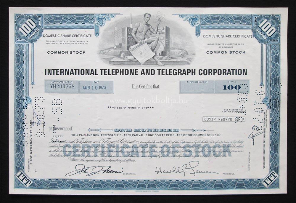 International Telephone and Telegraph (ITT) 100 részvény 1973